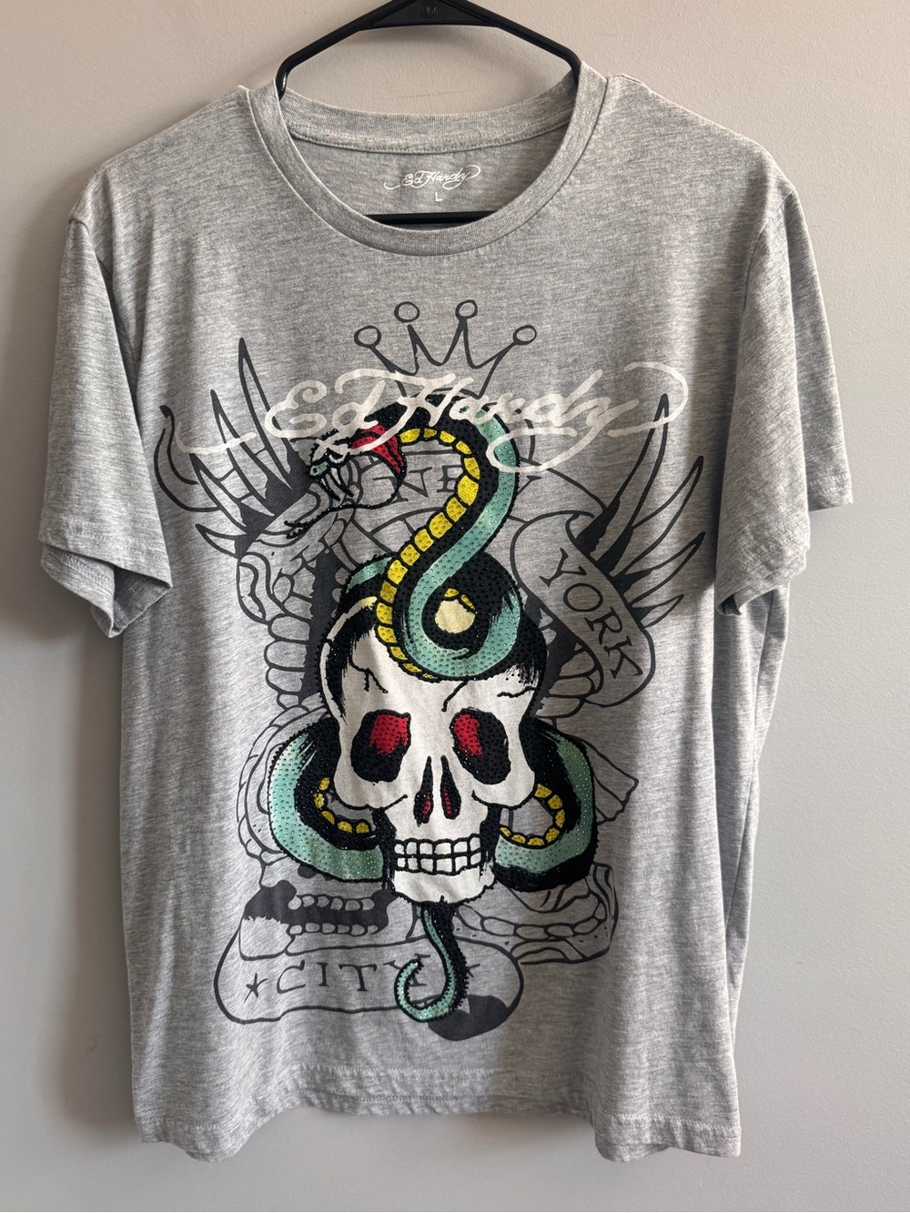 Ed Hardy Women's Large Gray Skull Snake Rhinestone Graphic Tee Y2K